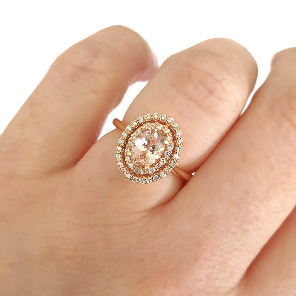 Glamorous Oval Morganite and Double Diamond Halo Rose Gold Ring