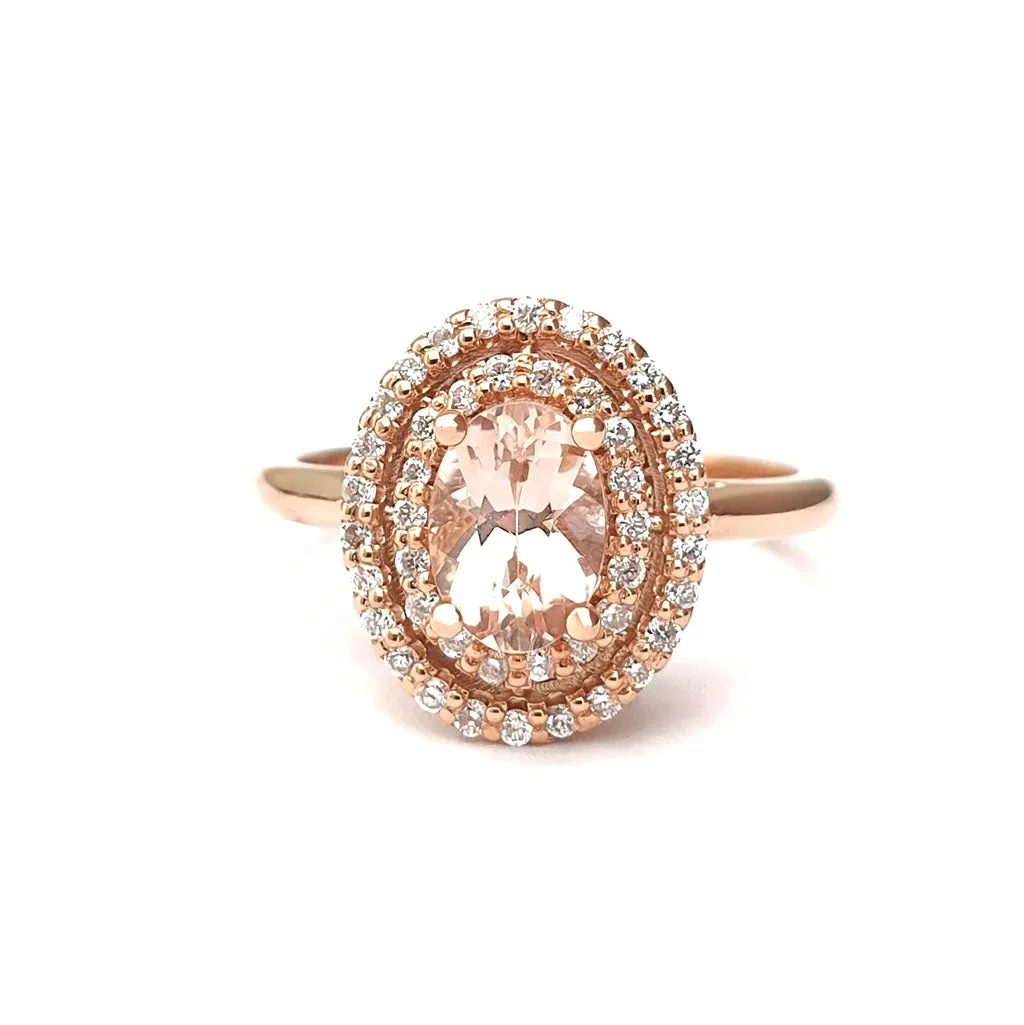 Glamorous Oval Morganite and Double Diamond Halo Rose Gold Ring