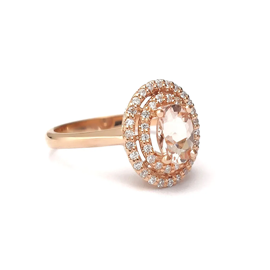 Glamorous Oval Morganite and Double Diamond Halo Rose Gold Ring