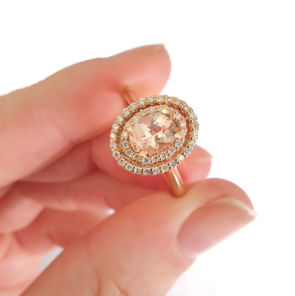Glamorous Oval Morganite and Double Diamond Halo Rose Gold Ring