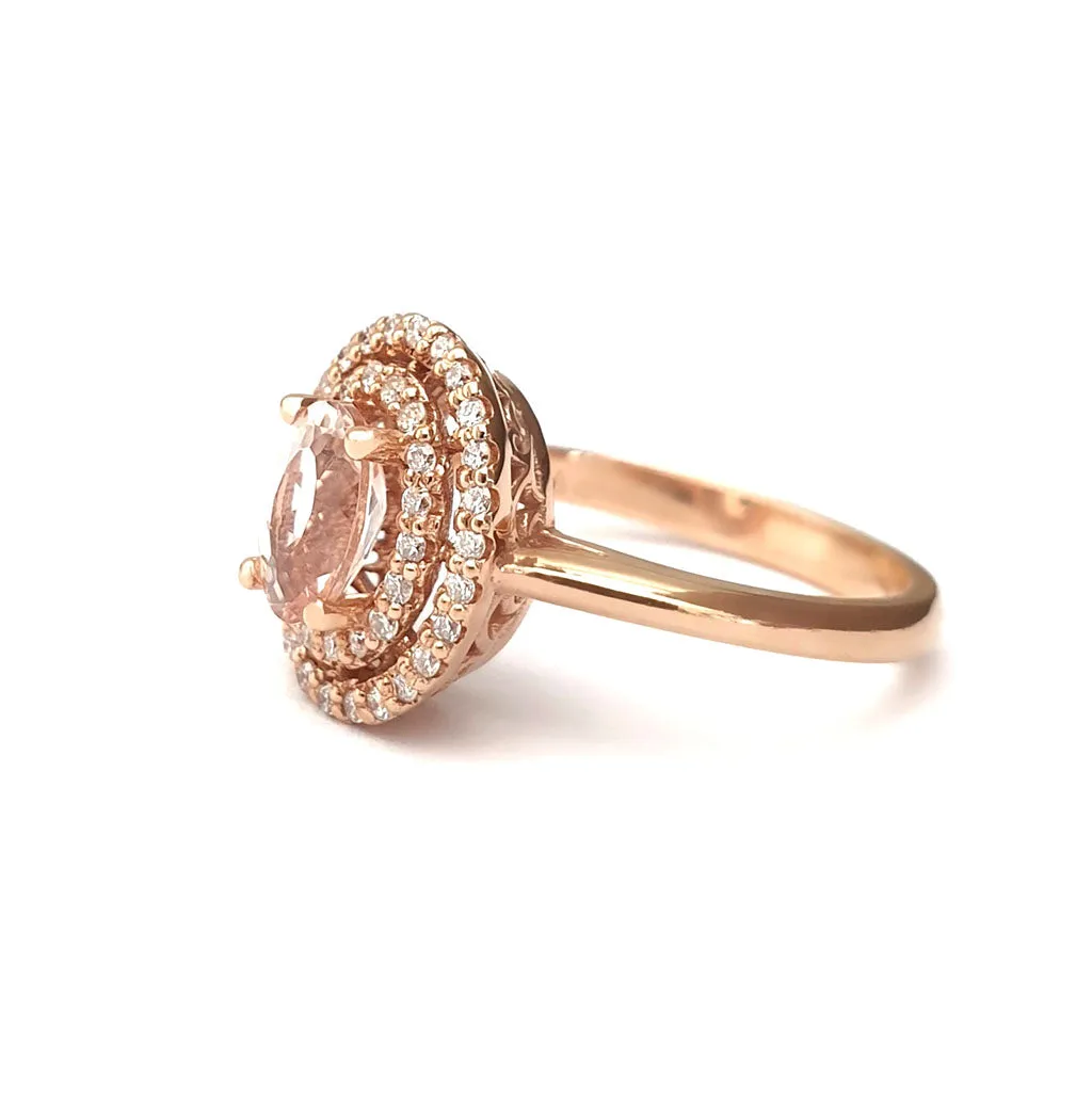 Glamorous Oval Morganite and Double Diamond Halo Rose Gold Ring