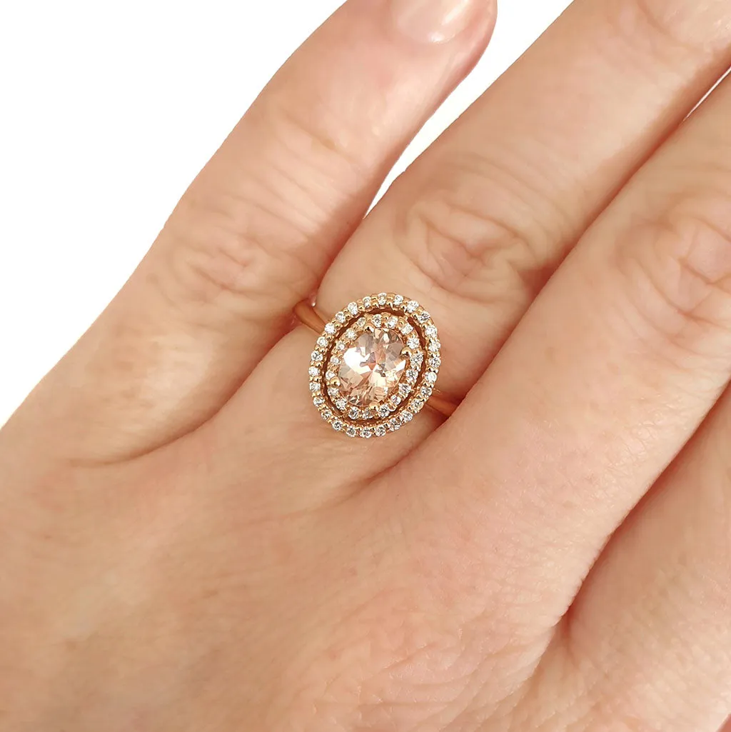 Glamorous Oval Morganite and Double Diamond Halo Rose Gold Ring