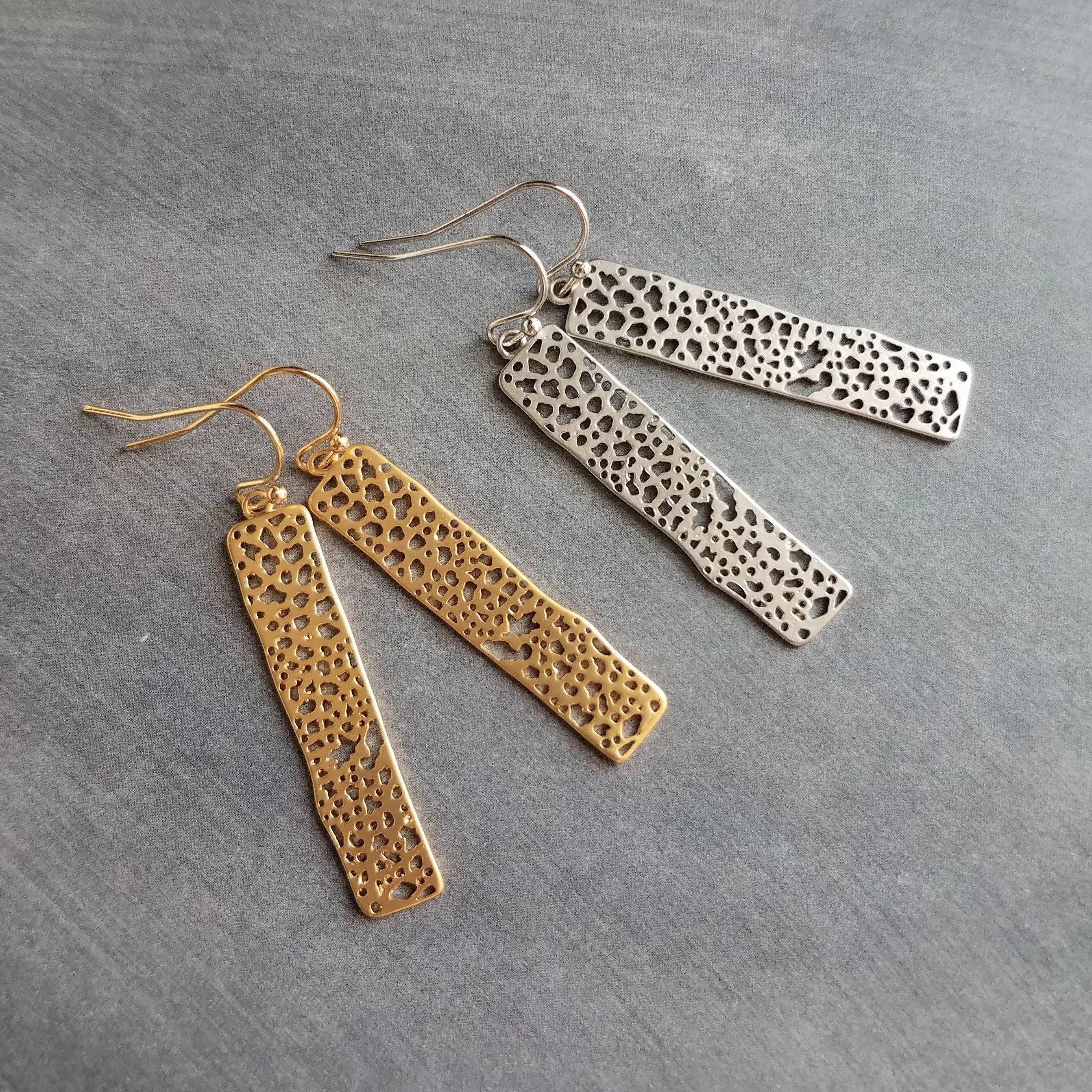 Gold Dangle Earrings, skeleton leaf earring, matte gold filigree earring, long thin rectangle earring, narrow cut out design small intricate