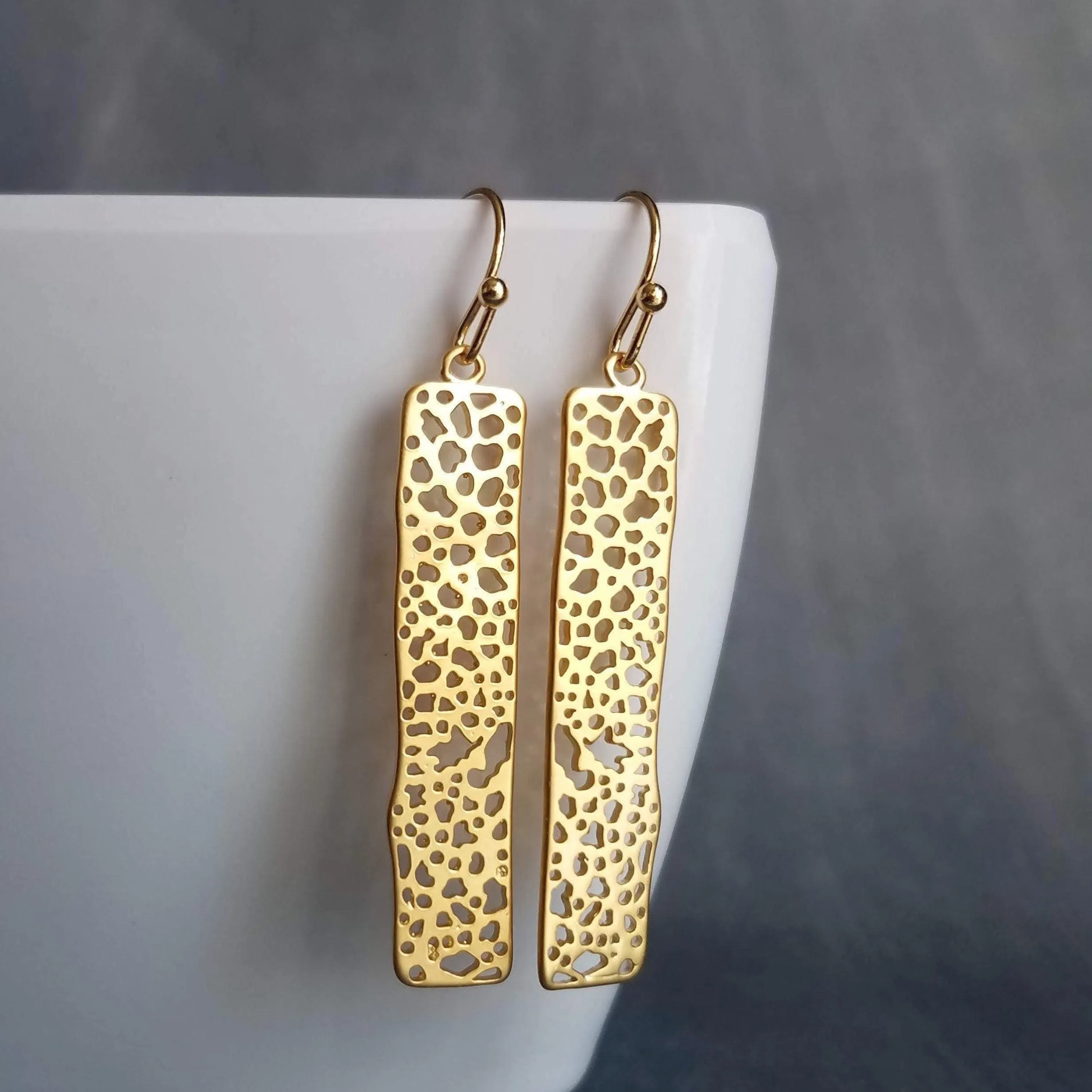 Gold Dangle Earrings, skeleton leaf earring, matte gold filigree earring, long thin rectangle earring, narrow cut out design small intricate