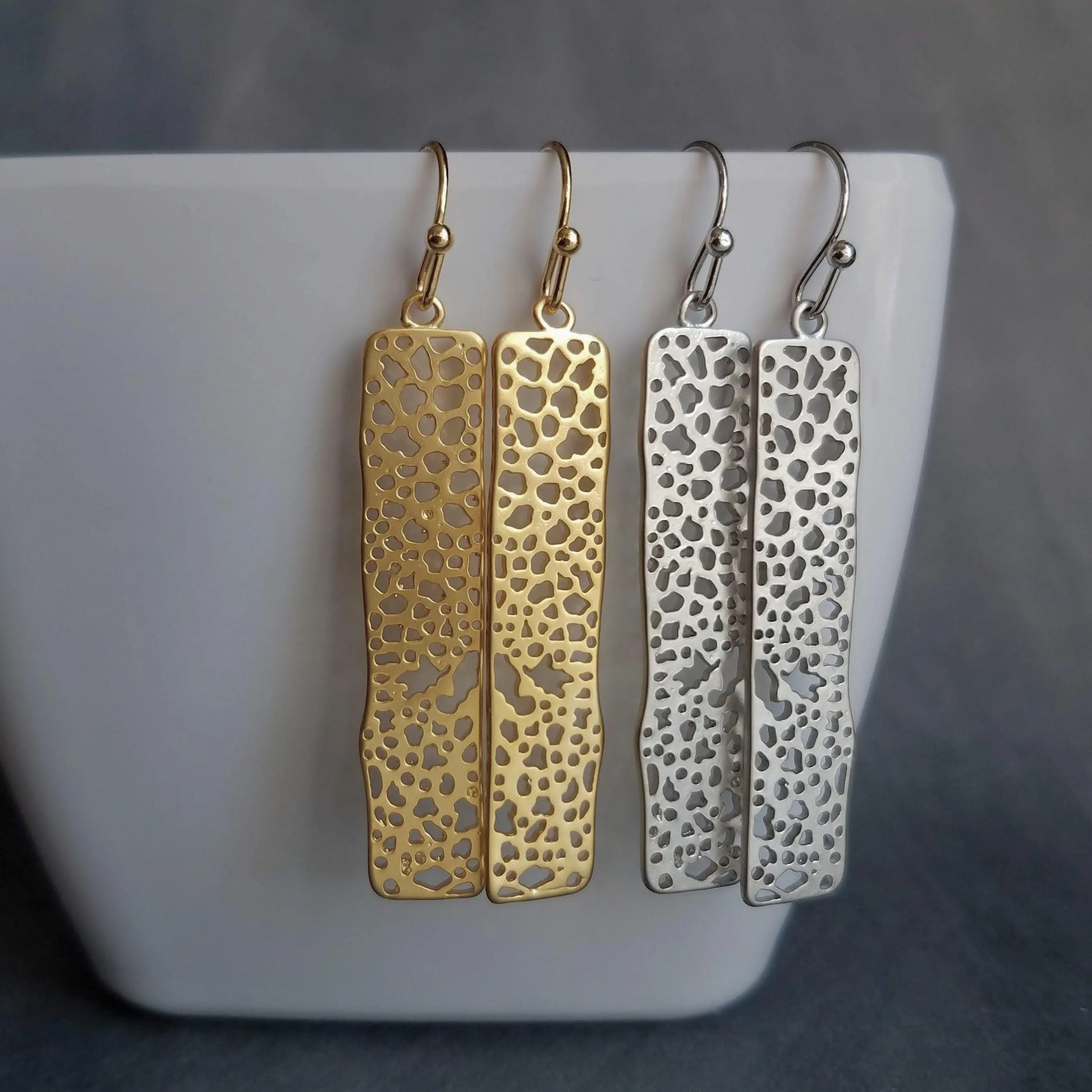 Gold Dangle Earrings, skeleton leaf earring, matte gold filigree earring, long thin rectangle earring, narrow cut out design small intricate