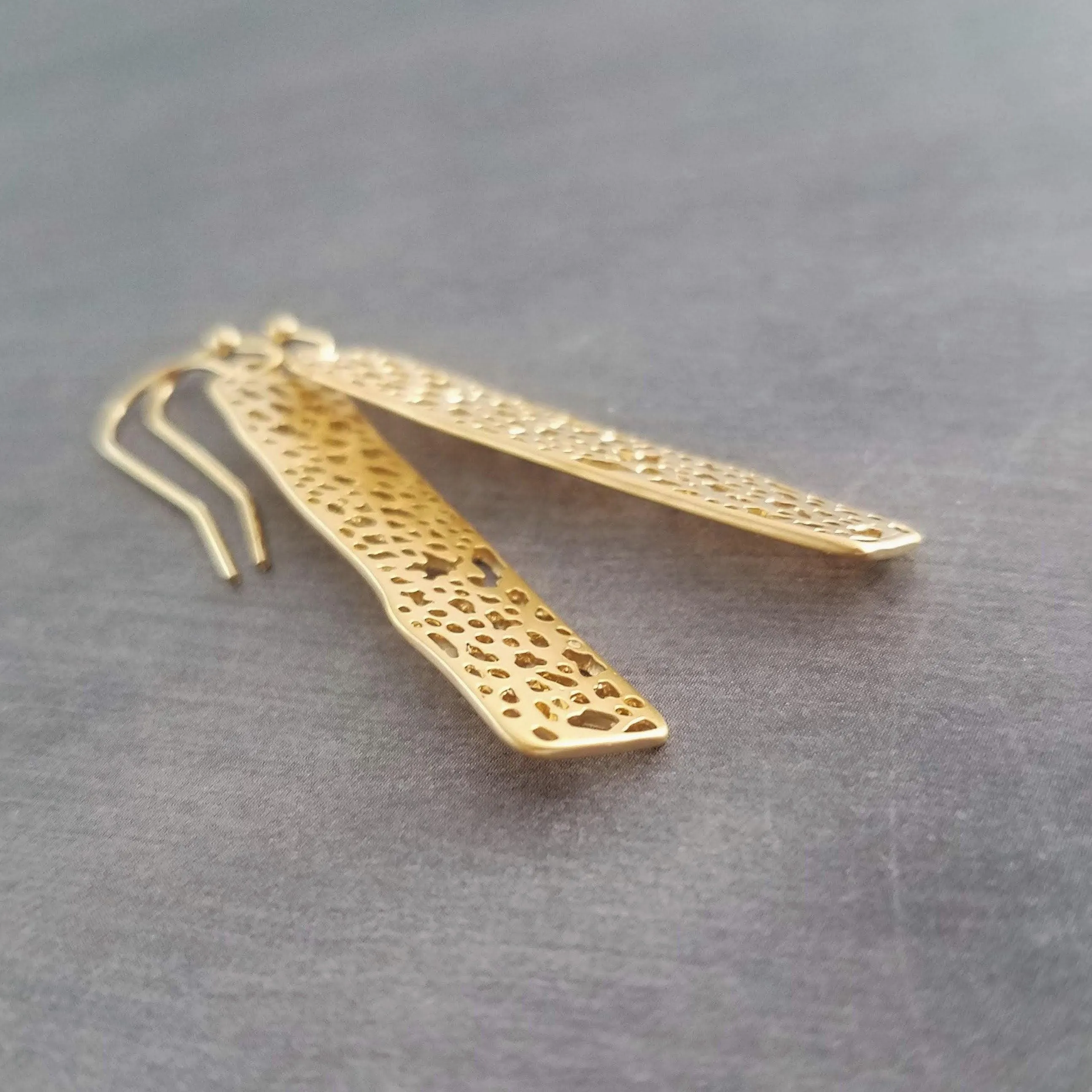 Gold Dangle Earrings, skeleton leaf earring, matte gold filigree earring, long thin rectangle earring, narrow cut out design small intricate