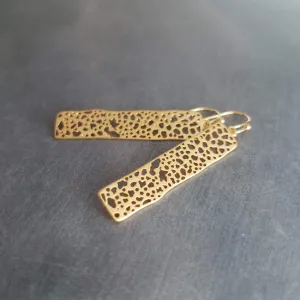 Gold Dangle Earrings, skeleton leaf earring, matte gold filigree earring, long thin rectangle earring, narrow cut out design small intricate