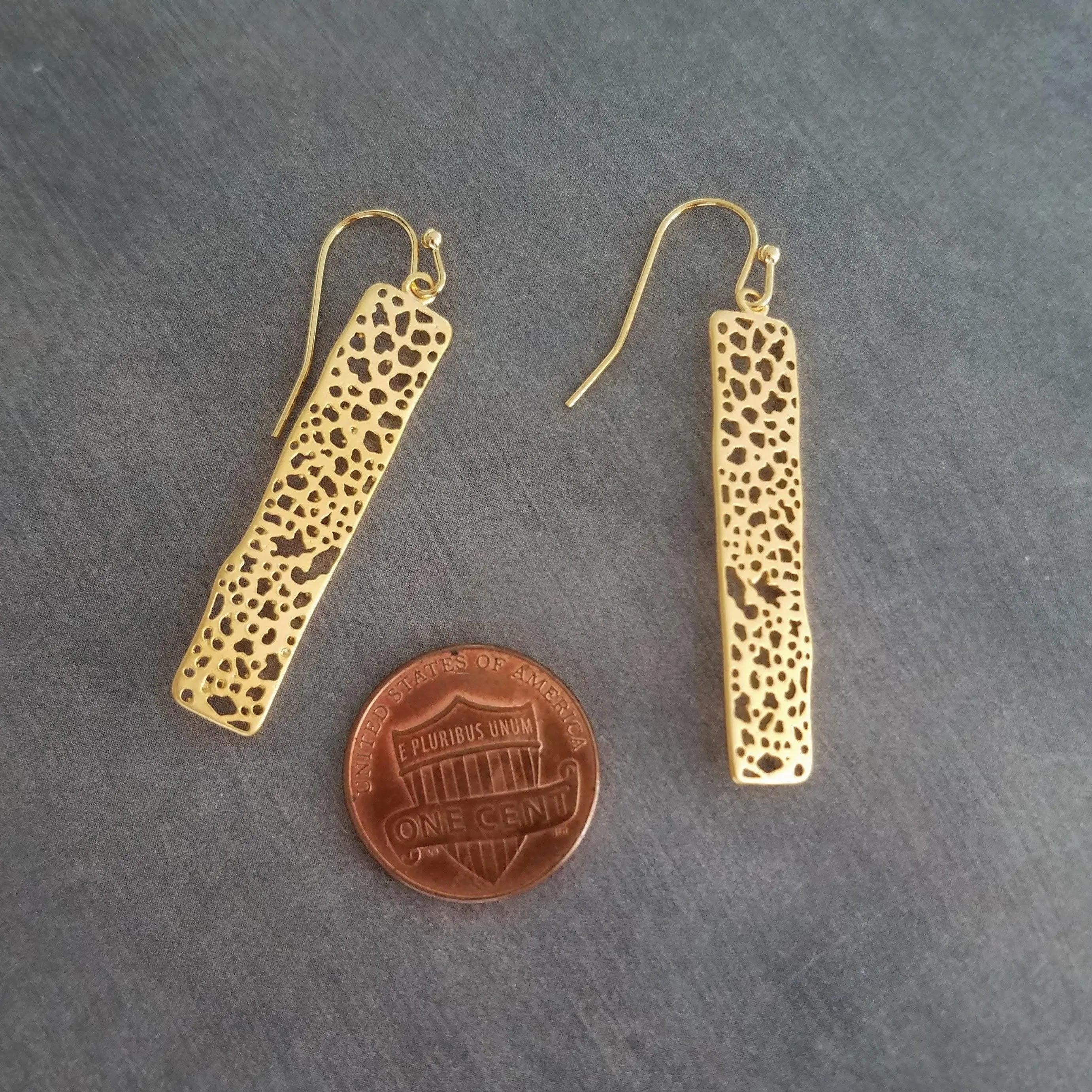 Gold Dangle Earrings, skeleton leaf earring, matte gold filigree earring, long thin rectangle earring, narrow cut out design small intricate