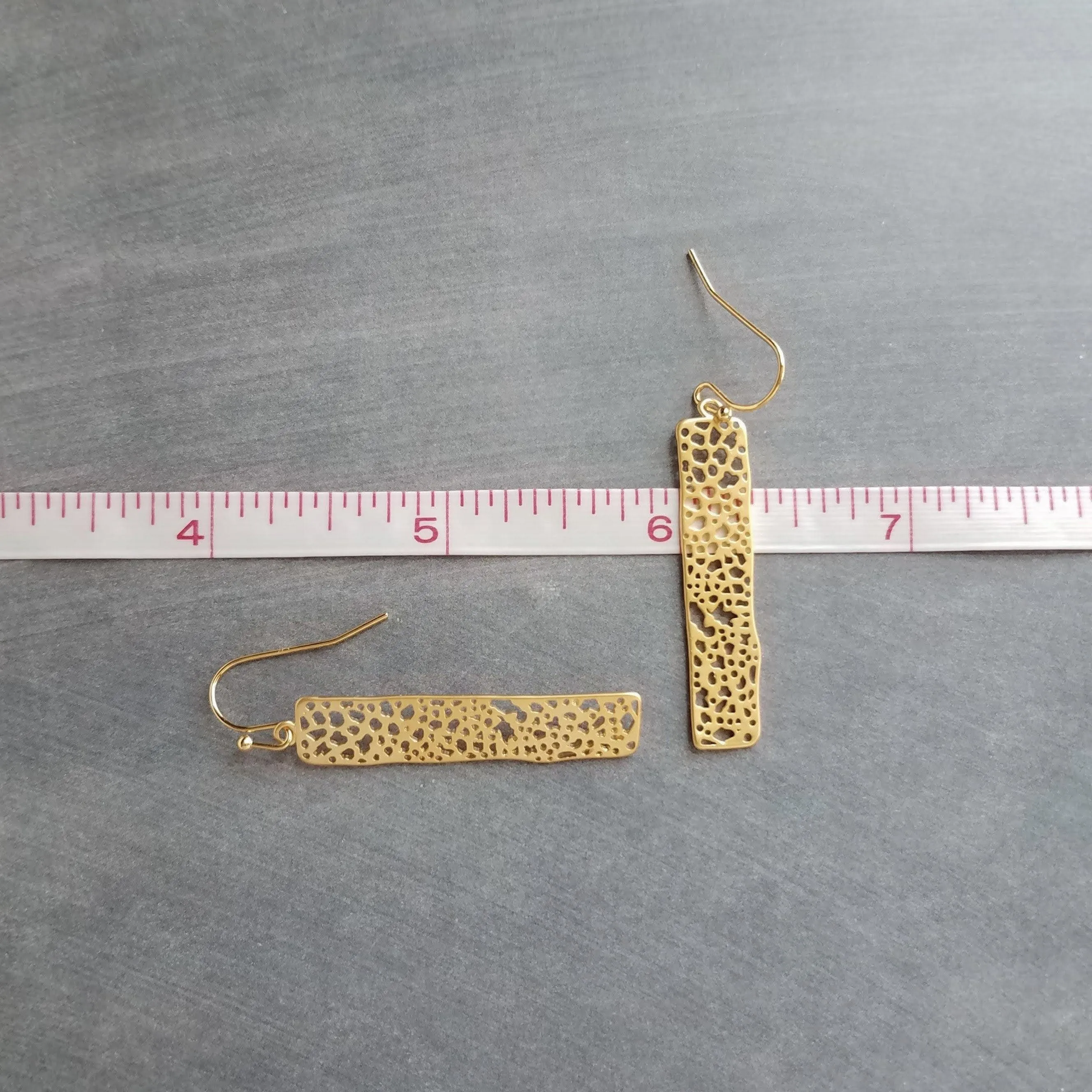 Gold Dangle Earrings, skeleton leaf earring, matte gold filigree earring, long thin rectangle earring, narrow cut out design small intricate