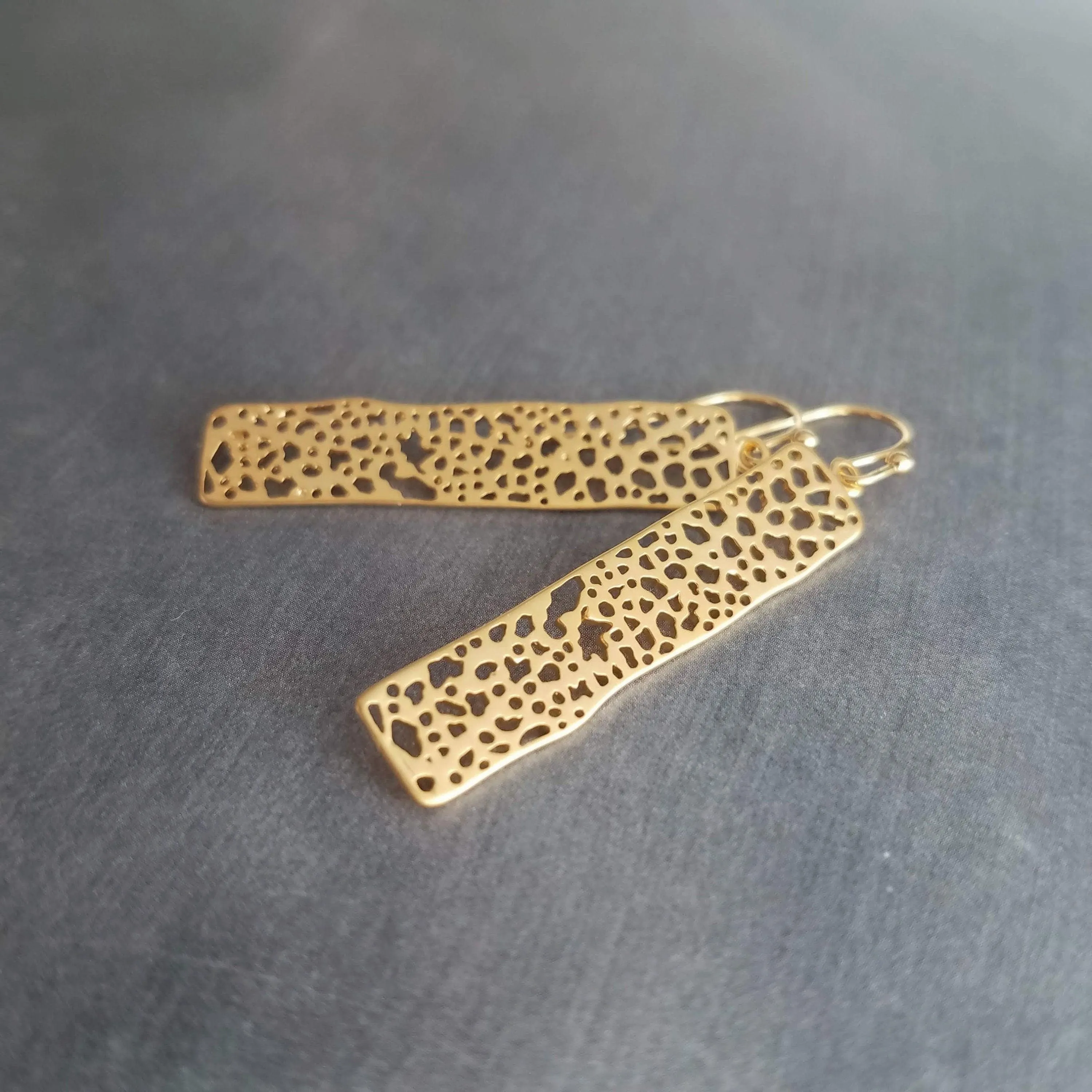 Gold Dangle Earrings, skeleton leaf earring, matte gold filigree earring, long thin rectangle earring, narrow cut out design small intricate