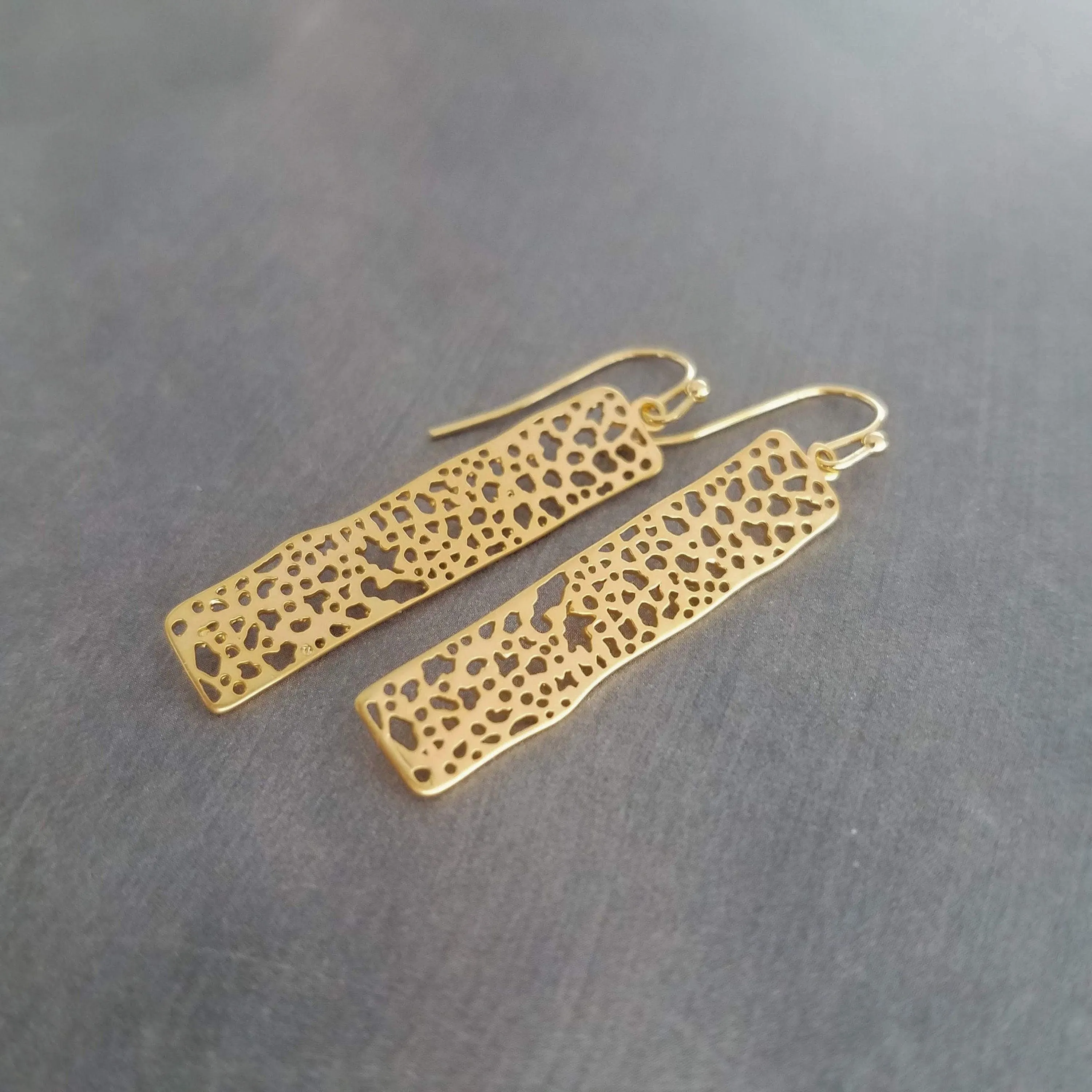 Gold Dangle Earrings, skeleton leaf earring, matte gold filigree earring, long thin rectangle earring, narrow cut out design small intricate
