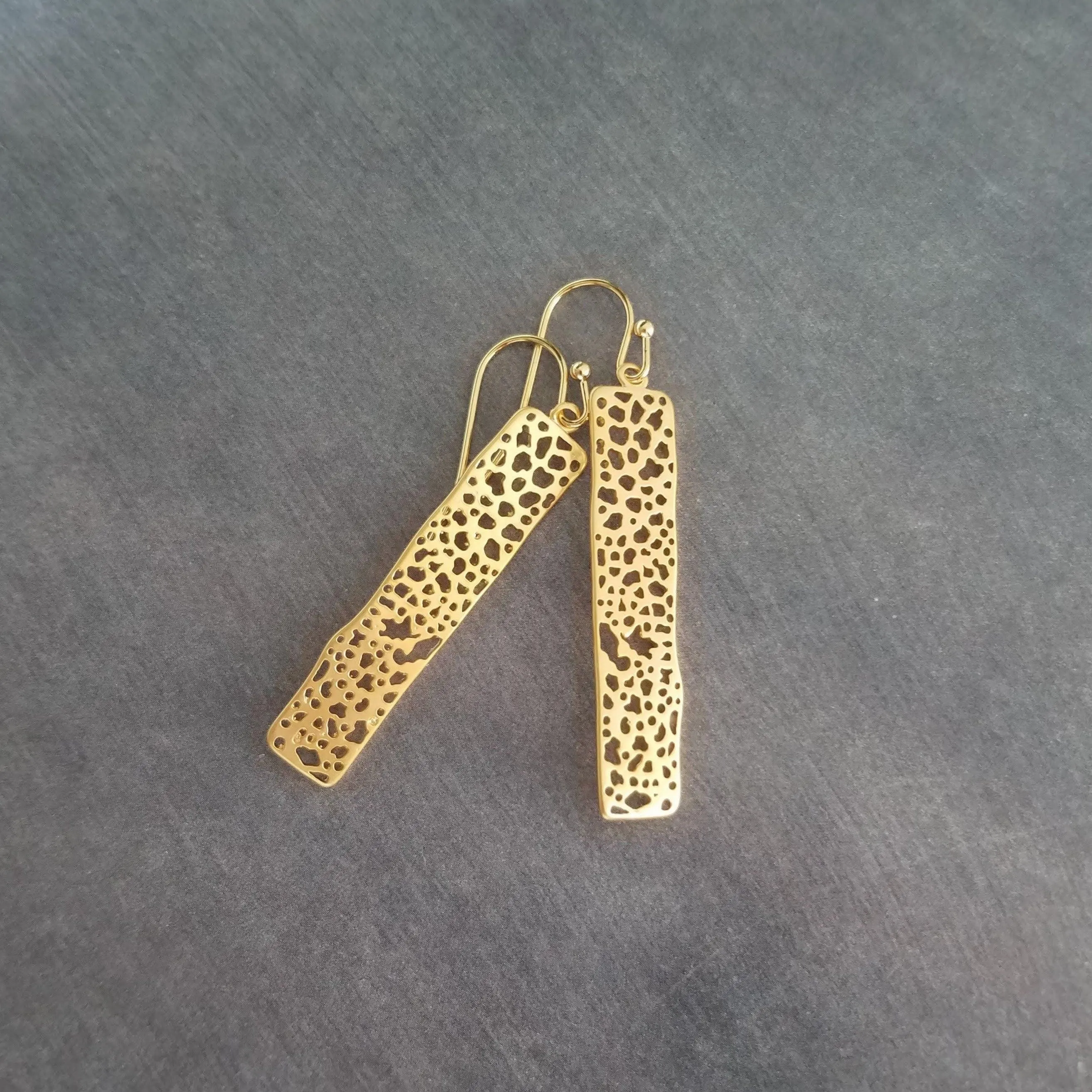 Gold Dangle Earrings, skeleton leaf earring, matte gold filigree earring, long thin rectangle earring, narrow cut out design small intricate