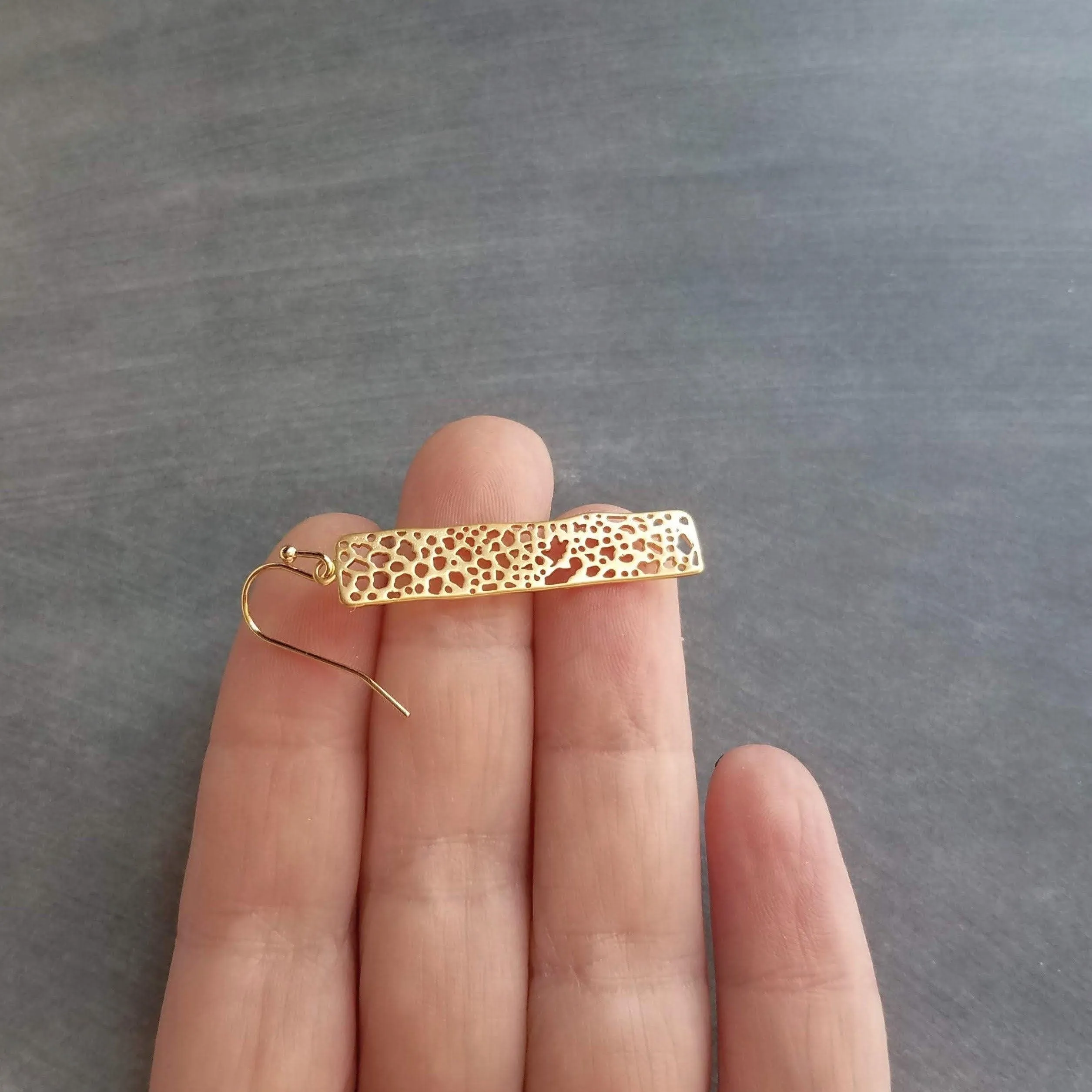 Gold Dangle Earrings, skeleton leaf earring, matte gold filigree earring, long thin rectangle earring, narrow cut out design small intricate