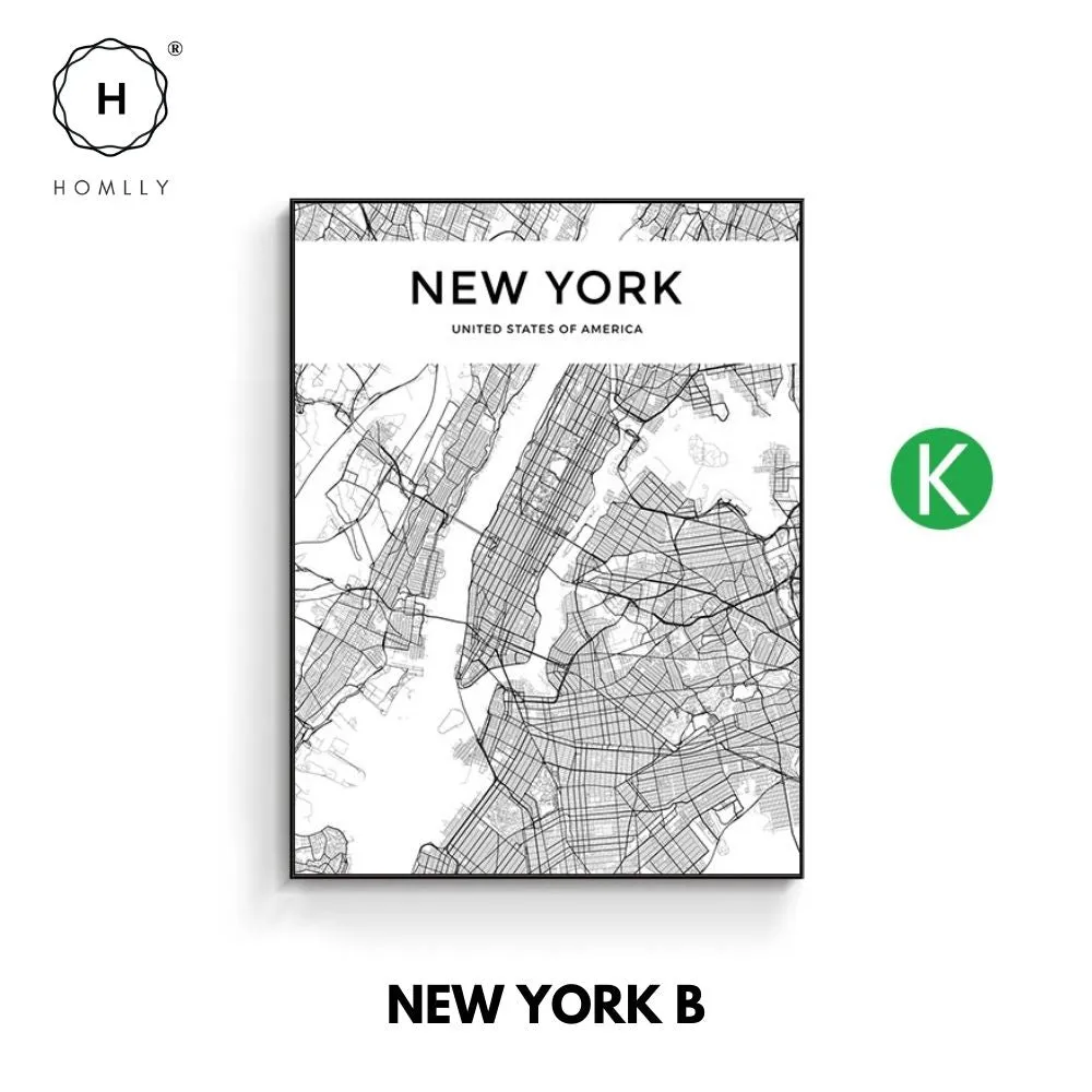 Homlly City View Minimalist Black Line Art Road Map Wall Poster