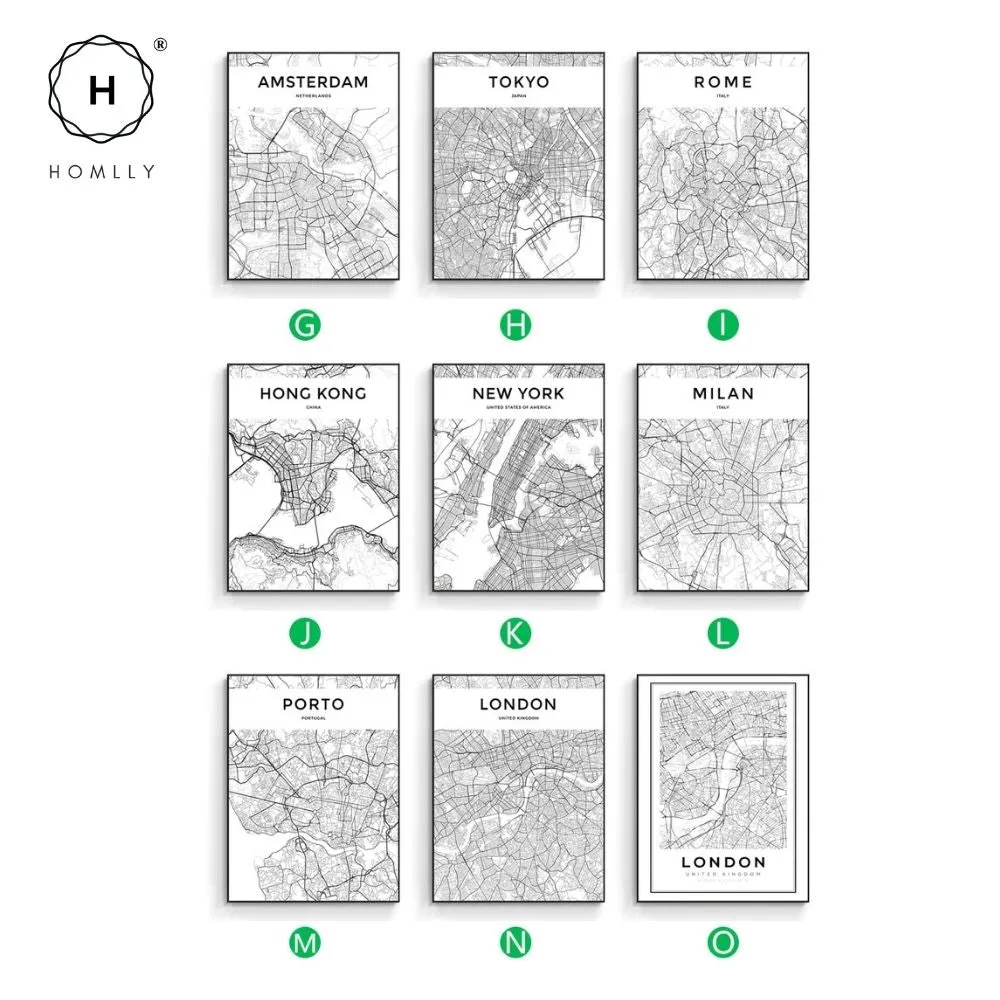 Homlly City View Minimalist Black Line Art Road Map Wall Poster