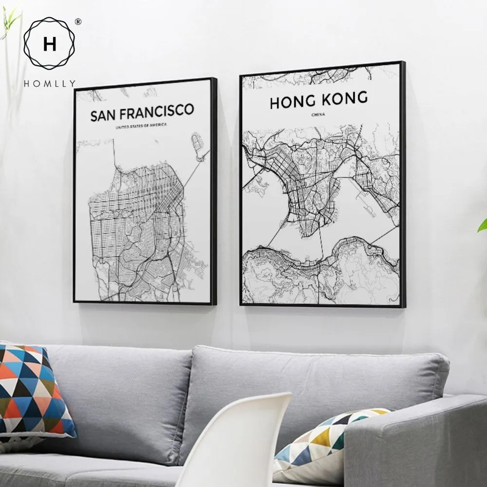 Homlly City View Minimalist Black Line Art Road Map Wall Poster
