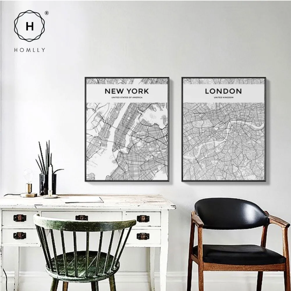 Homlly City View Minimalist Black Line Art Road Map Wall Poster