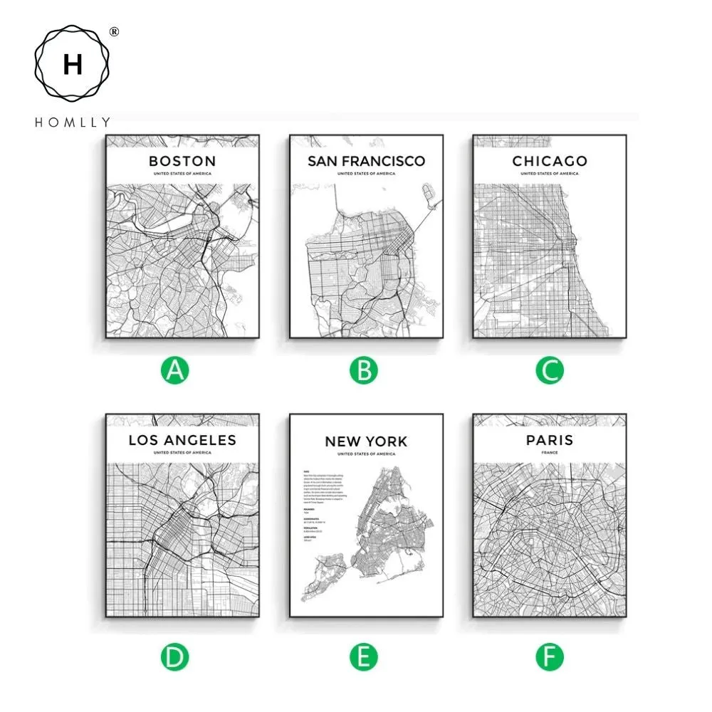 Homlly City View Minimalist Black Line Art Road Map Wall Poster
