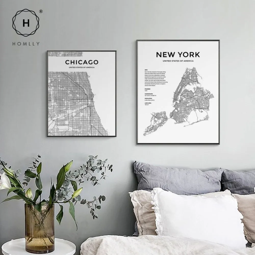Homlly City View Minimalist Black Line Art Road Map Wall Poster