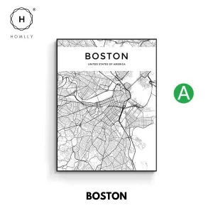 Homlly City View Minimalist Black Line Art Road Map Wall Poster