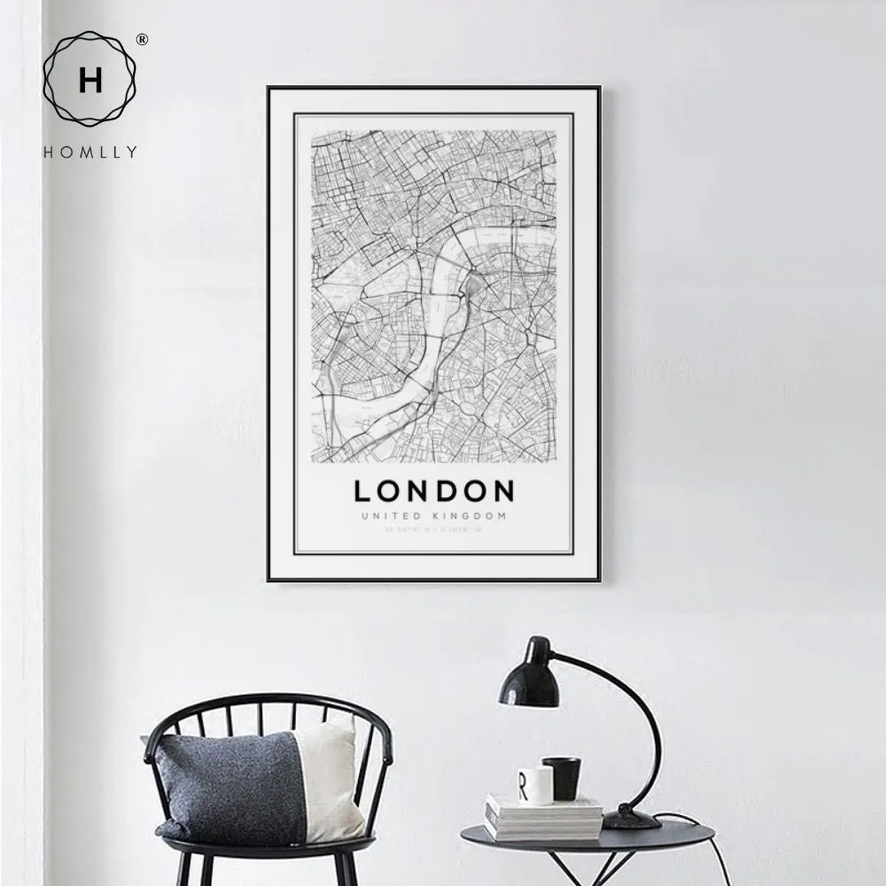 Homlly City View Minimalist Black Line Art Road Map Wall Poster