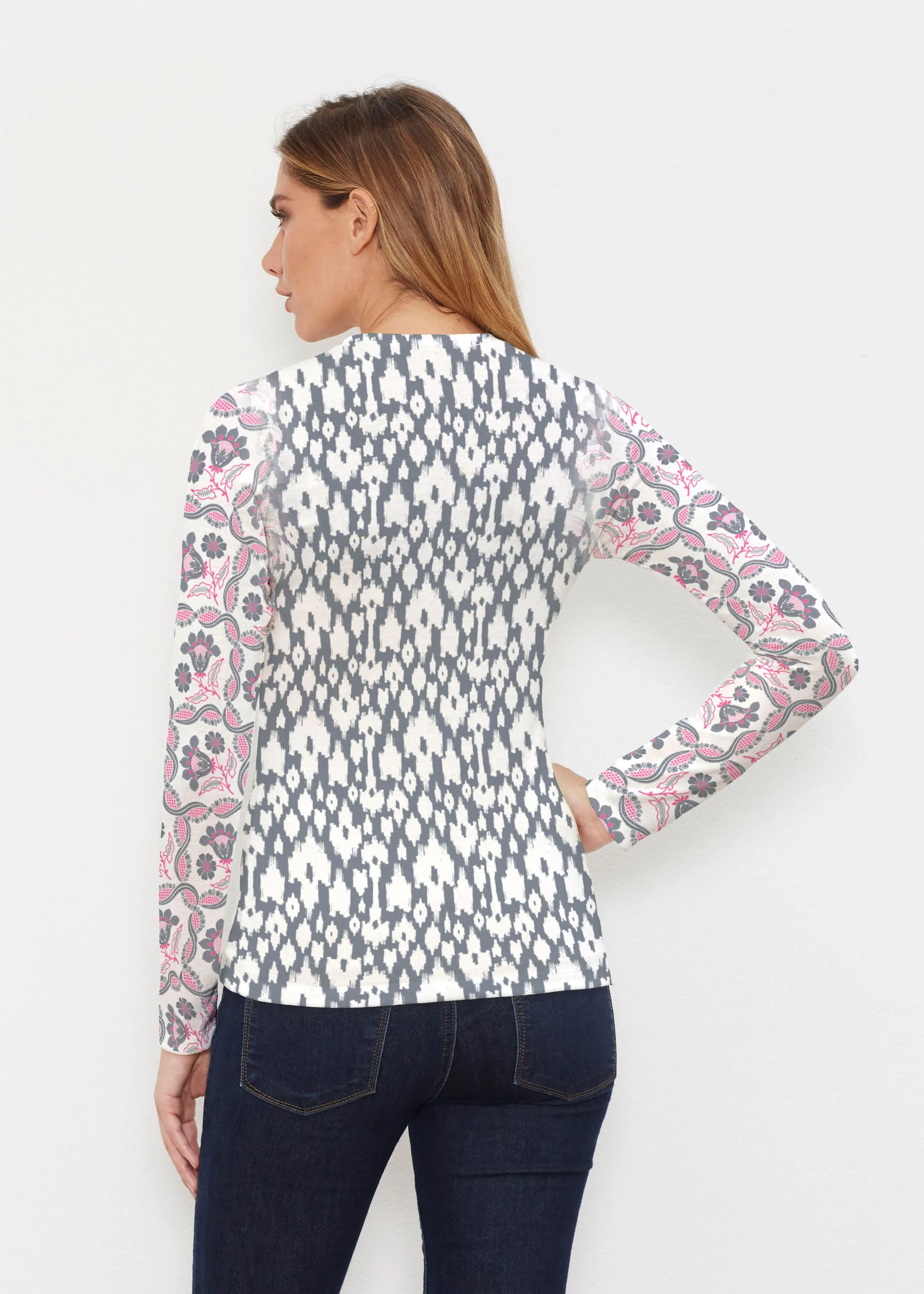 Ikat Lattice Pink (7975) ~ Butterknit Long Sleeve V-Neck Top