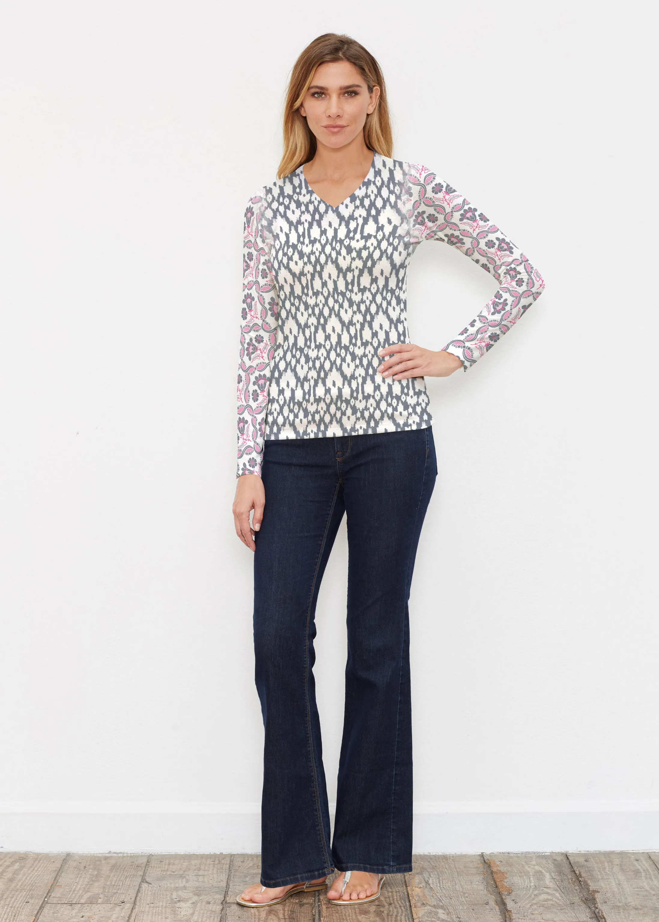 Ikat Lattice Pink (7975) ~ Butterknit Long Sleeve V-Neck Top