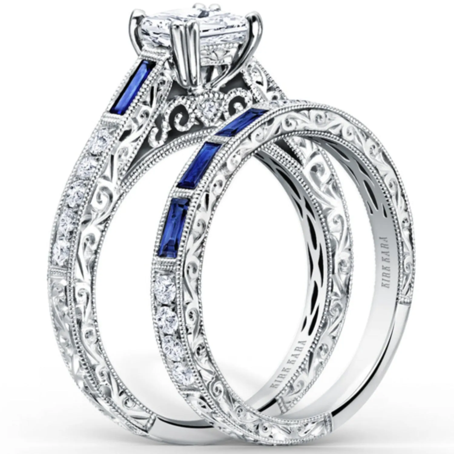 Kirk Kara "Charlotte"  Three Blue Sapphire Baguette Cut Wedding Band