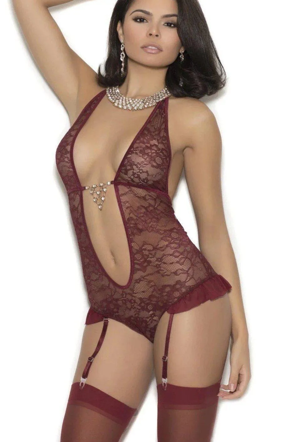 Lace Halter Style Teddy With Deep V Neckline And Detachable Garters