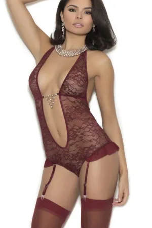 Lace Halter Style Teddy With Deep V Neckline And Detachable Garters