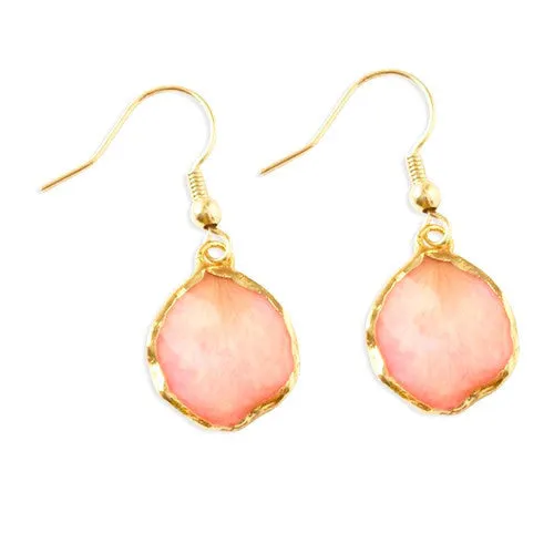 Lacquer Dipped 24k Gold Trim Pink Rose Petal Dangle Earrings