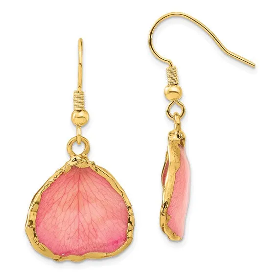Lacquer Dipped 24k Gold Trim Pink Rose Petal Dangle Earrings