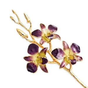 Lacquer Dipped 24k Gold Trimmed Purple and Yellow Dendrobium Orchid Stem