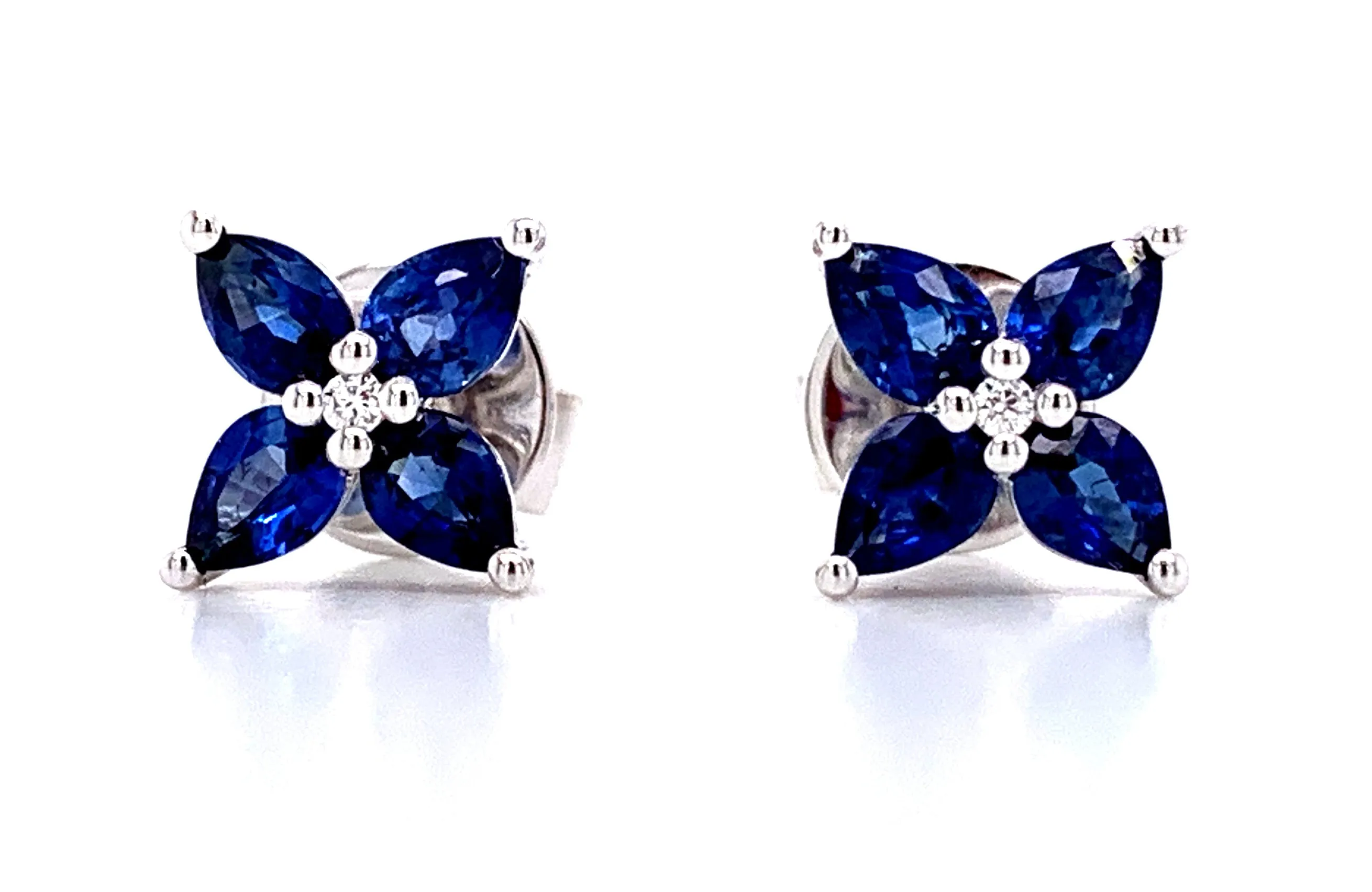 Ladies Sapphire & Diamond Flower Shape Stud Earrings