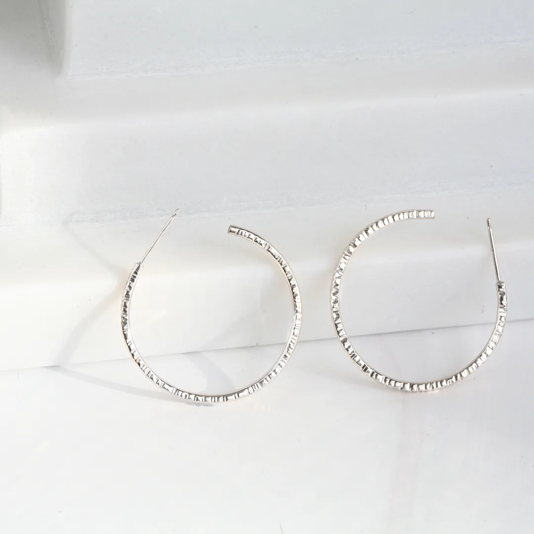 Large Sterling Silver Textured Hoop Post Earrings