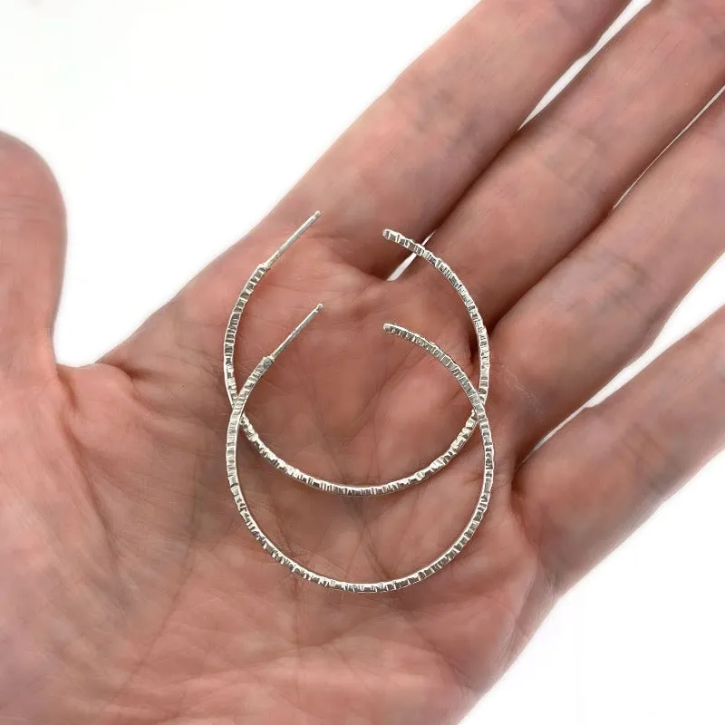Large Sterling Silver Textured Hoop Post Earrings