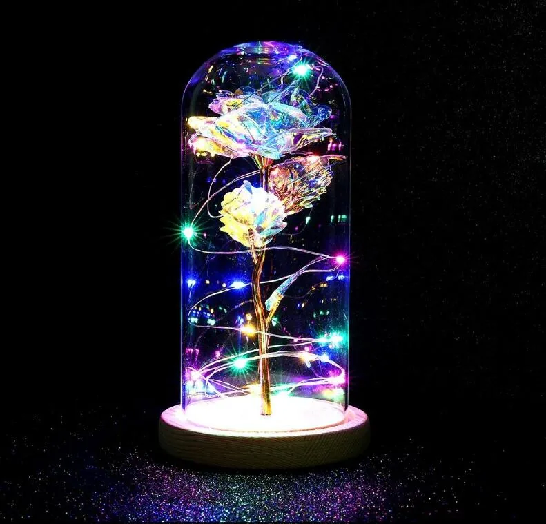 LED Enchanted Galaxy Rose Eternal 24K Gold Foil Flower With Fairy String Lights In Dome