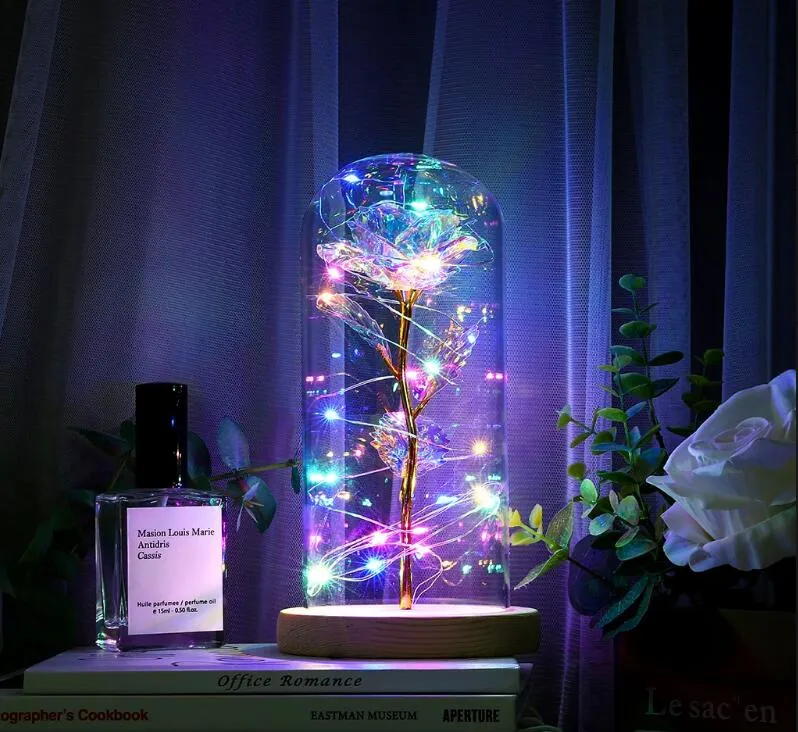LED Enchanted Galaxy Rose Eternal 24K Gold Foil Flower With Fairy String Lights In Dome