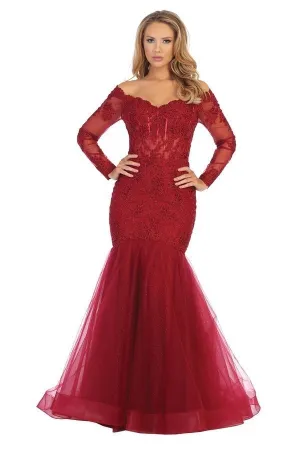 LF 7640 - Off the Shoulder Bead & Lace Embellished Mermaid Prom Gown with Lace Up Corset Back