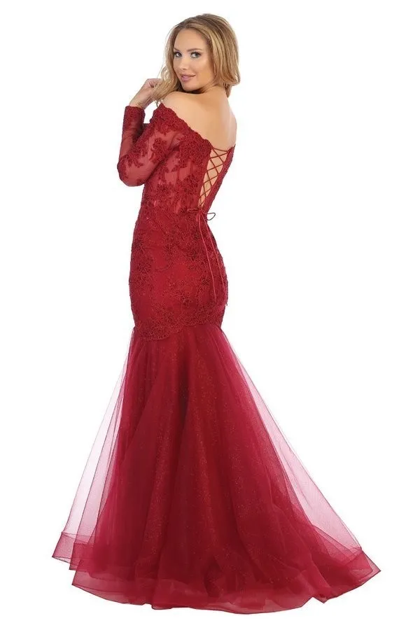 LF 7640 - Off the Shoulder Bead & Lace Embellished Mermaid Prom Gown with Lace Up Corset Back