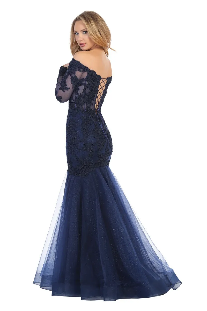 LF 7640 - Off the Shoulder Bead & Lace Embellished Mermaid Prom Gown with Lace Up Corset Back