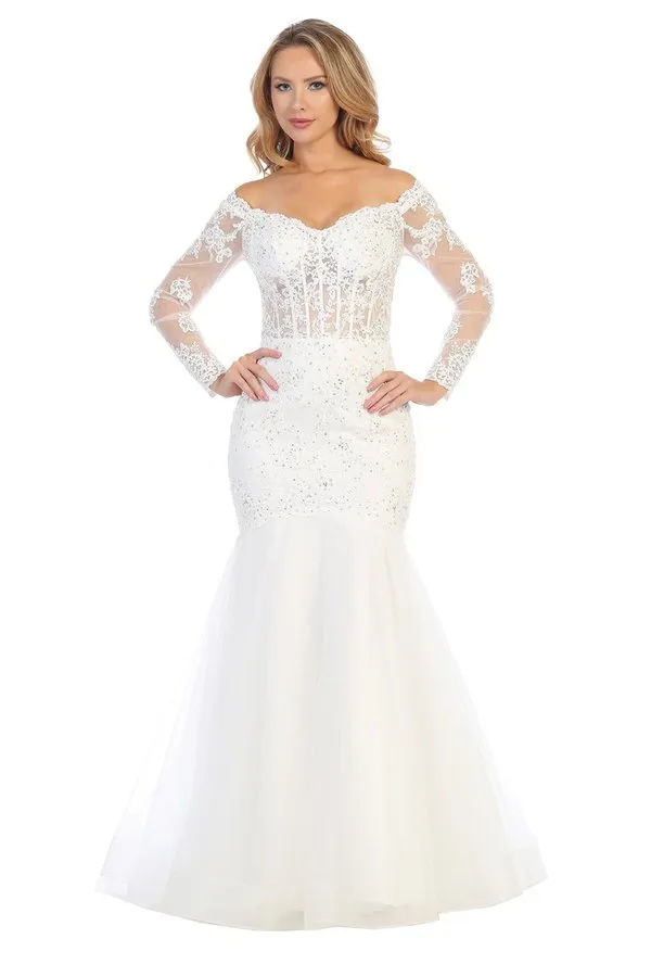 LF 7640 - Off the Shoulder Bead & Lace Embellished Mermaid Prom Gown with Lace Up Corset Back