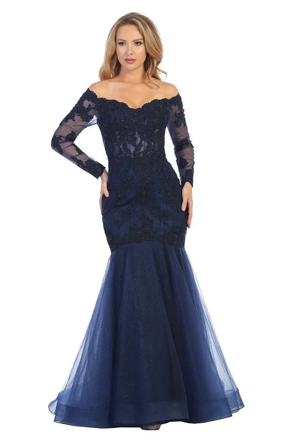 LF 7640 - Off the Shoulder Bead & Lace Embellished Mermaid Prom Gown with Lace Up Corset Back