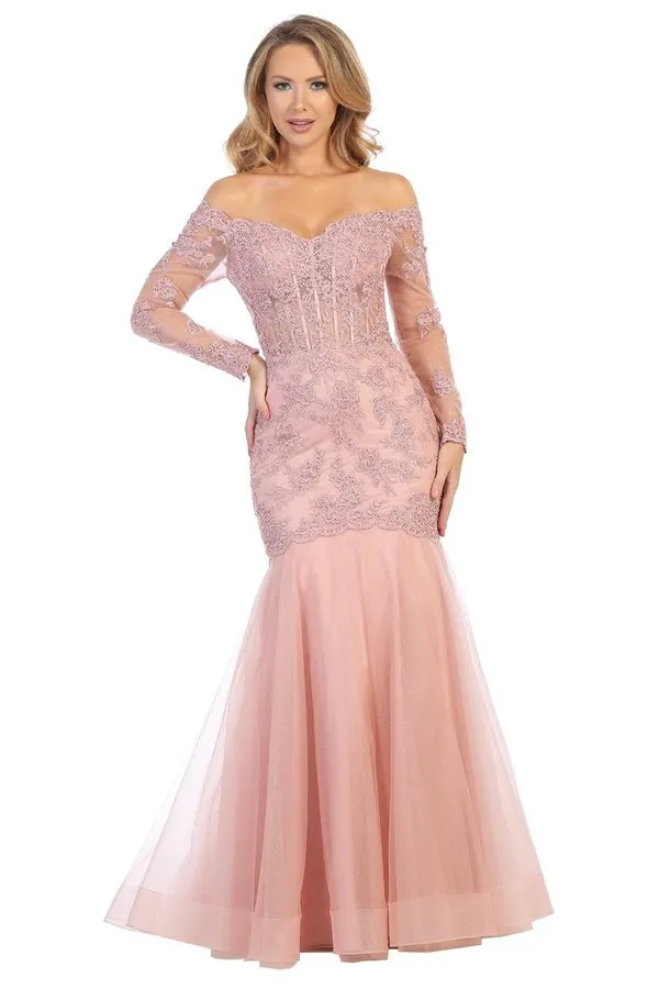 LF 7640 - Off the Shoulder Bead & Lace Embellished Mermaid Prom Gown with Lace Up Corset Back