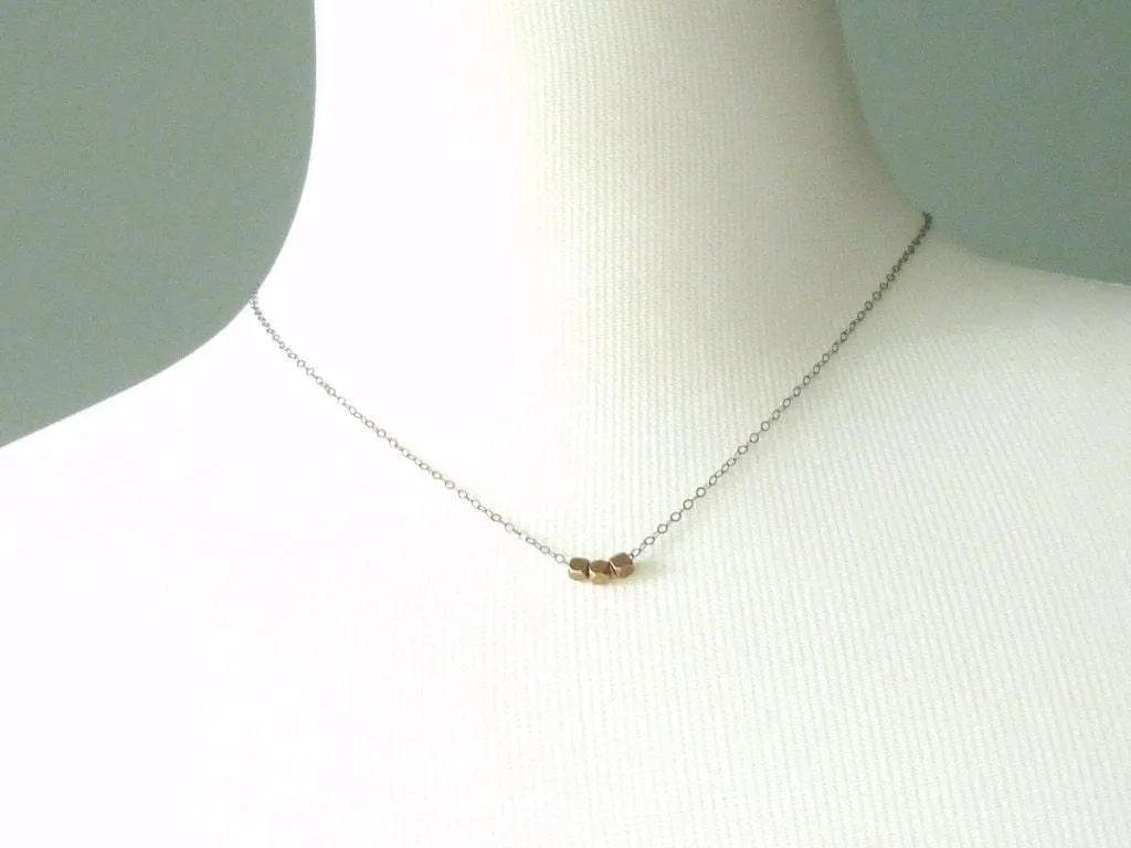 Little Cube Necklace - oxidized .925 sterling silver delicate chain & 3 tiny chunky solid brass bead squares - Simple Geometric Minimalist