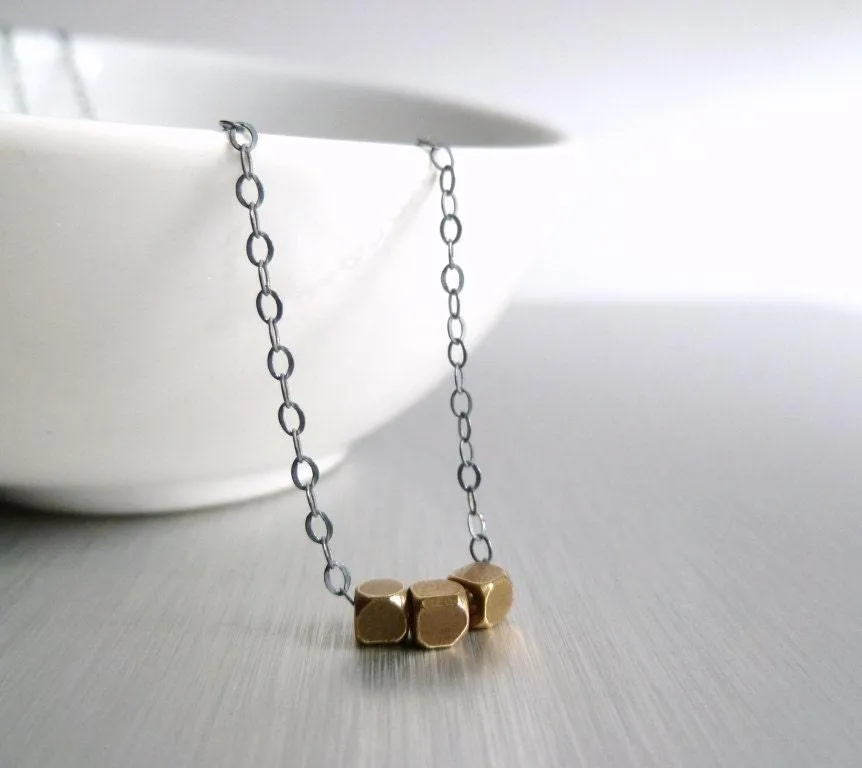 Little Cube Necklace - oxidized .925 sterling silver delicate chain & 3 tiny chunky solid brass bead squares - Simple Geometric Minimalist