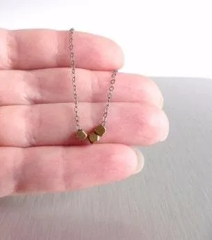 Little Cube Necklace - oxidized .925 sterling silver delicate chain & 3 tiny chunky solid brass bead squares - Simple Geometric Minimalist