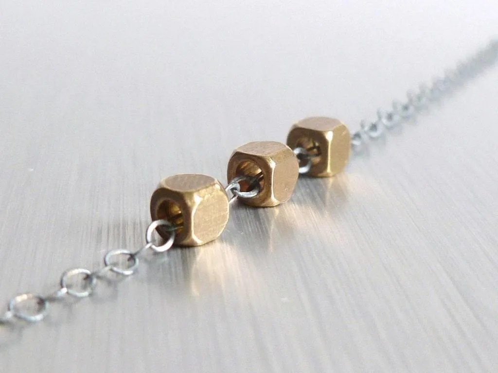 Little Cube Necklace - oxidized .925 sterling silver delicate chain & 3 tiny chunky solid brass bead squares - Simple Geometric Minimalist