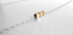 Little Cube Necklace - oxidized .925 sterling silver delicate chain & 3 tiny chunky solid brass bead squares - Simple Geometric Minimalist