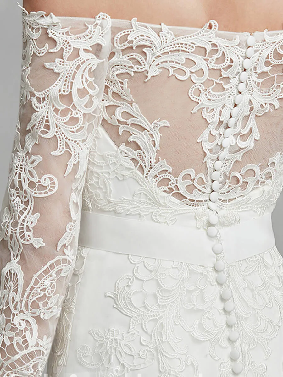 Long Sleeve Sheer Off-Shoulder Mermaid Lace Wedding Gown for Bridal